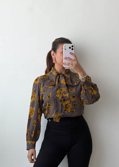 XS-S Brown Floral Bow Tie Soft Chiffon Shirt