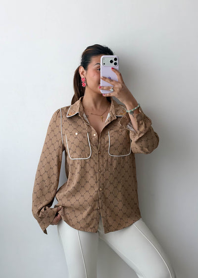 XS-S Brown Monogram Sheer Viscose Crepe Shirt