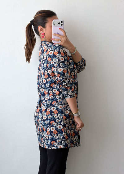 S-M Navy Floral Tie Neck Viscose Shirt