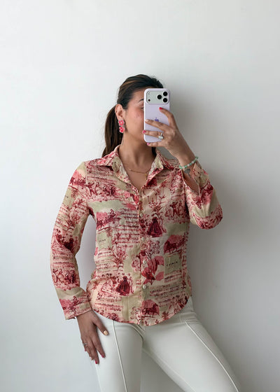 XS-S Beige Red Vintage Print chiffon Shirt
