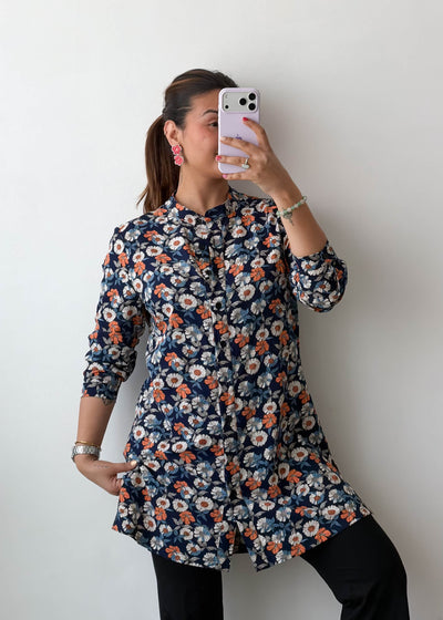 S-M Navy Floral Tie Neck Viscose Shirt