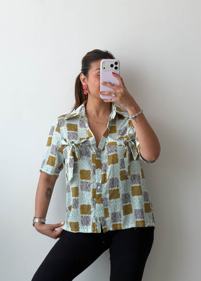 XS-S Mint Patchwork Print Cotton Voile Shirt