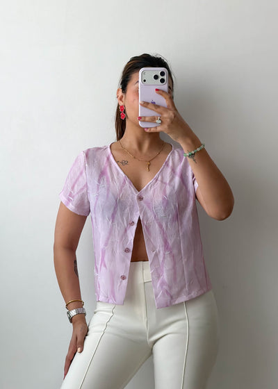 XS-S Lilac Textured Button Viscose Crepe Front Top