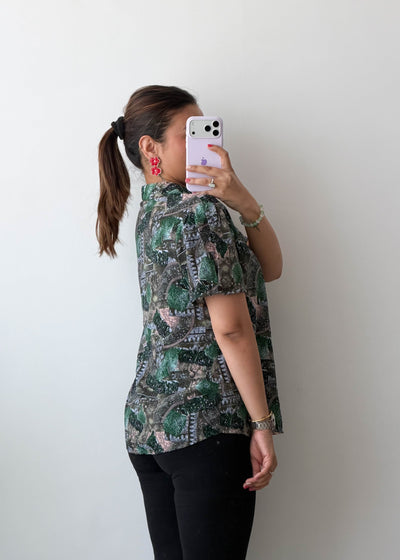 S-M Green Scenic Print Viscose Shirt