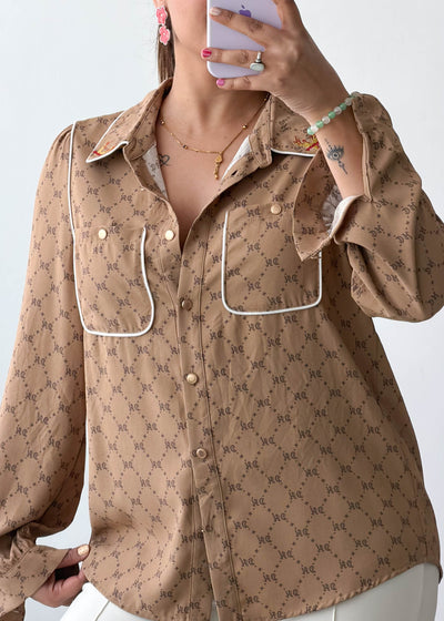 XS-S Brown Monogram Sheer Viscose Crepe Shirt