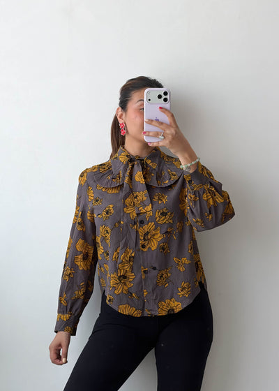 XS-S Brown Floral Bow Tie Soft Chiffon Shirt
