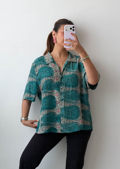 M-L Green Paisley Print Viscose Shirt