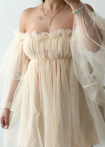 Size XS-S, Beige Tulle Off-Shoulder Dress