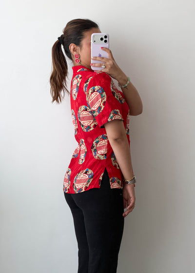 XS-S Red Ethnic Motif Cotton Voile Shirt