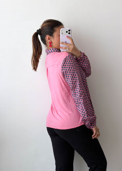 L-XL Pink Geometric Tie Neck Soft Chiffon Shirt