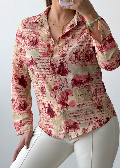 XS-S Beige Red Vintage Print chiffon Shirt