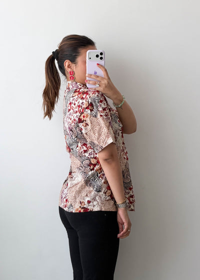 S-M Beige Red Vintage Print Viscose Shirt