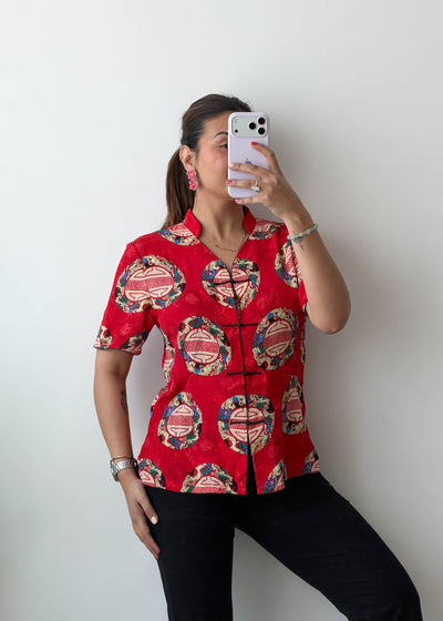 XS-S Red Ethnic Motif Cotton Voile Shirt