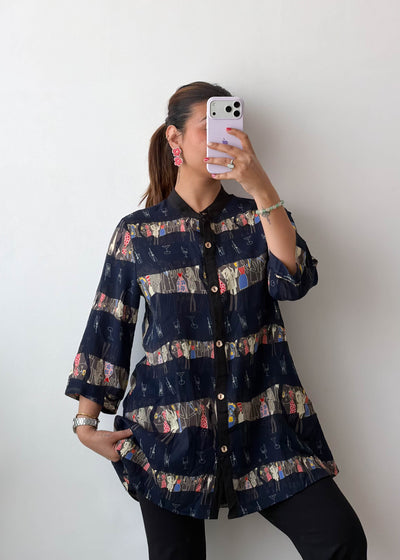 M-L Navy Patchwork Print Soft Chiffon Shirt