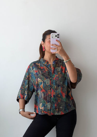 M-L Multi Abstract Print Oversized Soft Chiffon Shirt