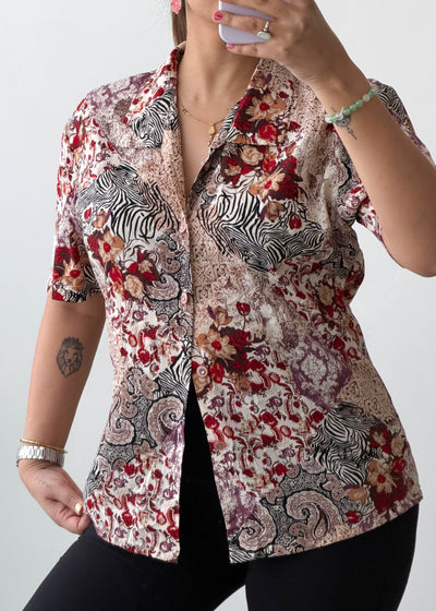 S-M Beige Red Vintage Print Viscose Shirt
