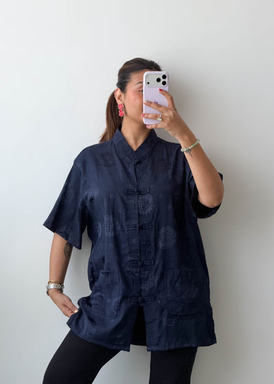 L-XL Navy Mandarin Collar Cotton Voile Shirt