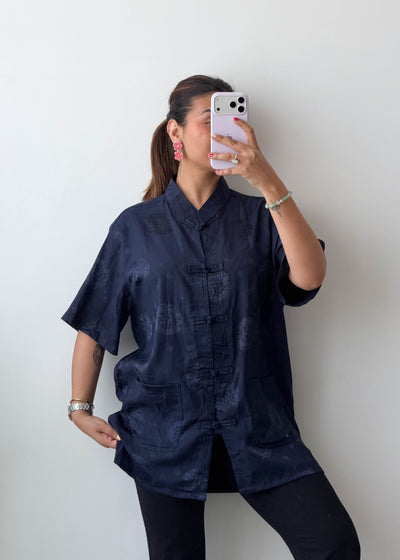 L-XL Navy Mandarin Collar Cotton Voile Shirt
