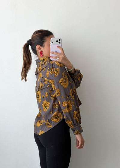 XS-S Brown Floral Bow Tie Soft Chiffon Shirt