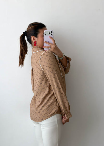 XS-S Brown Monogram Sheer Viscose Crepe Shirt