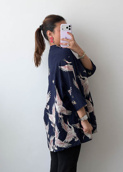 Free Size Navy Crane Print Soft Chiffon Oversized Shirt