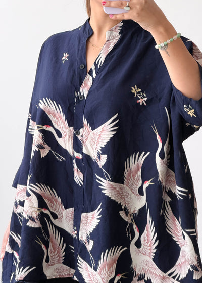 Free Size Navy Crane Print Soft Chiffon Oversized Shirt