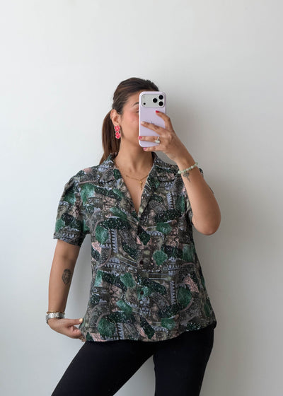 S-M Green Scenic Print Viscose Shirt