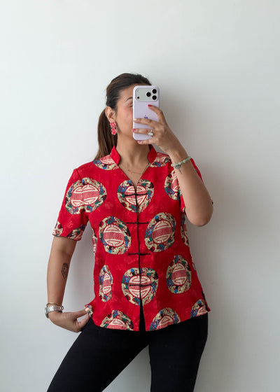 XS-S Red Ethnic Motif Cotton Voile Shirt