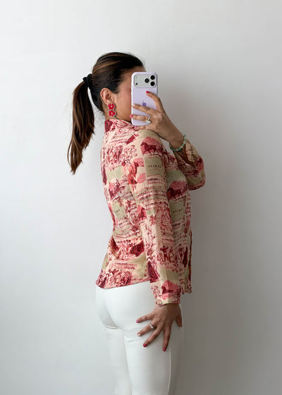 XS-S Beige Red Vintage Print chiffon Shirt