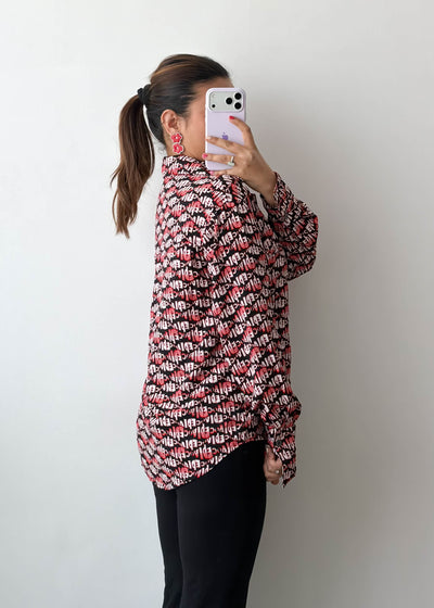 S-M Red Black Typography Print Satin Shirt