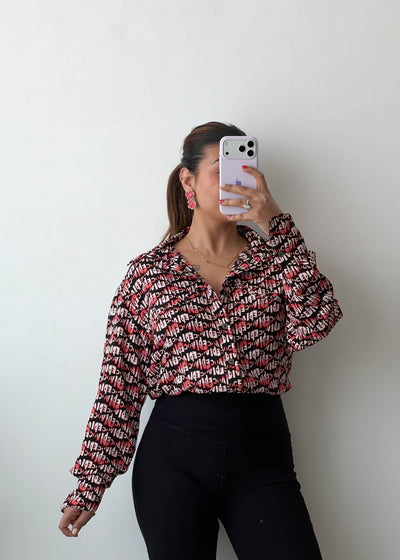 S-M Red Black Typography Print Satin Shirt