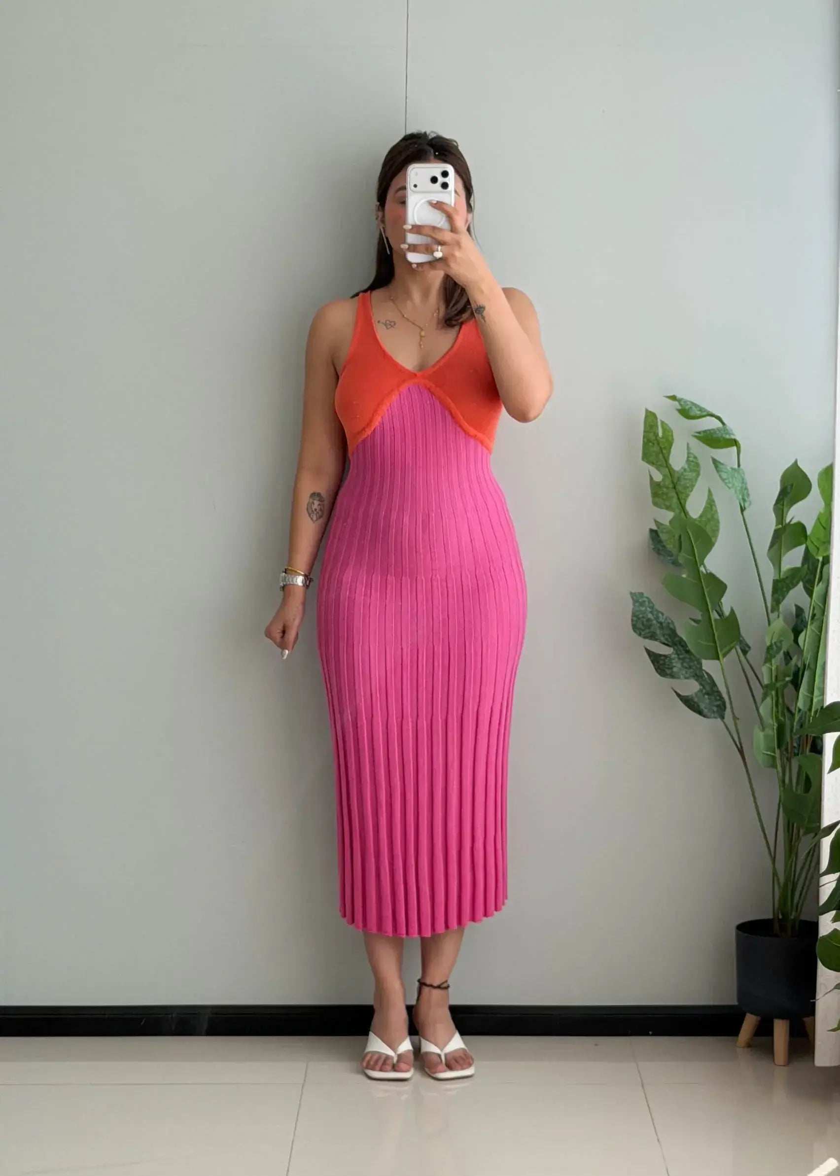 SIZE XS-S, Pink Contrast Trim Ribbed Midi Dress - Closet by Payal