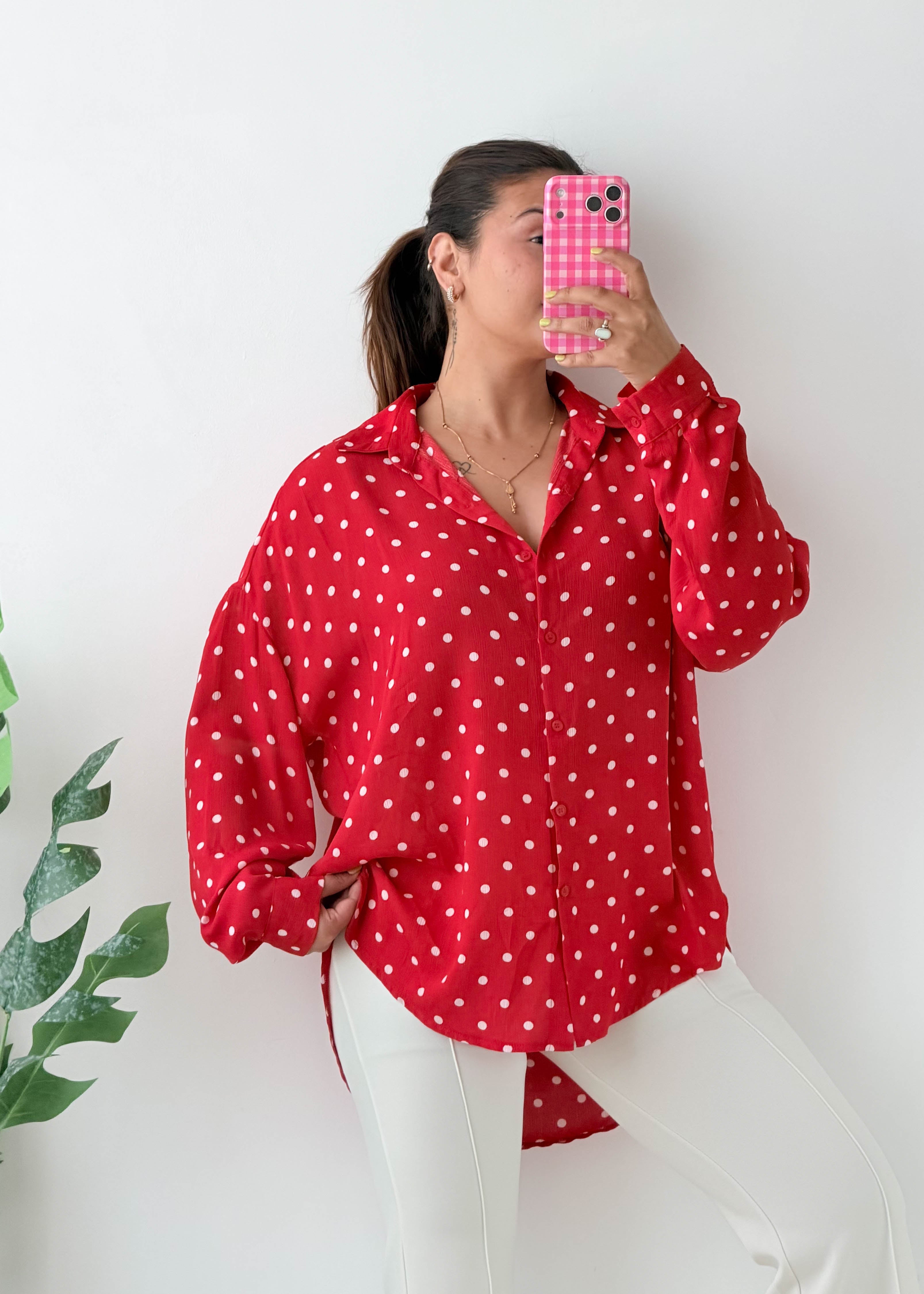 Size M-XL Red Polka Dot Oversized Shirt