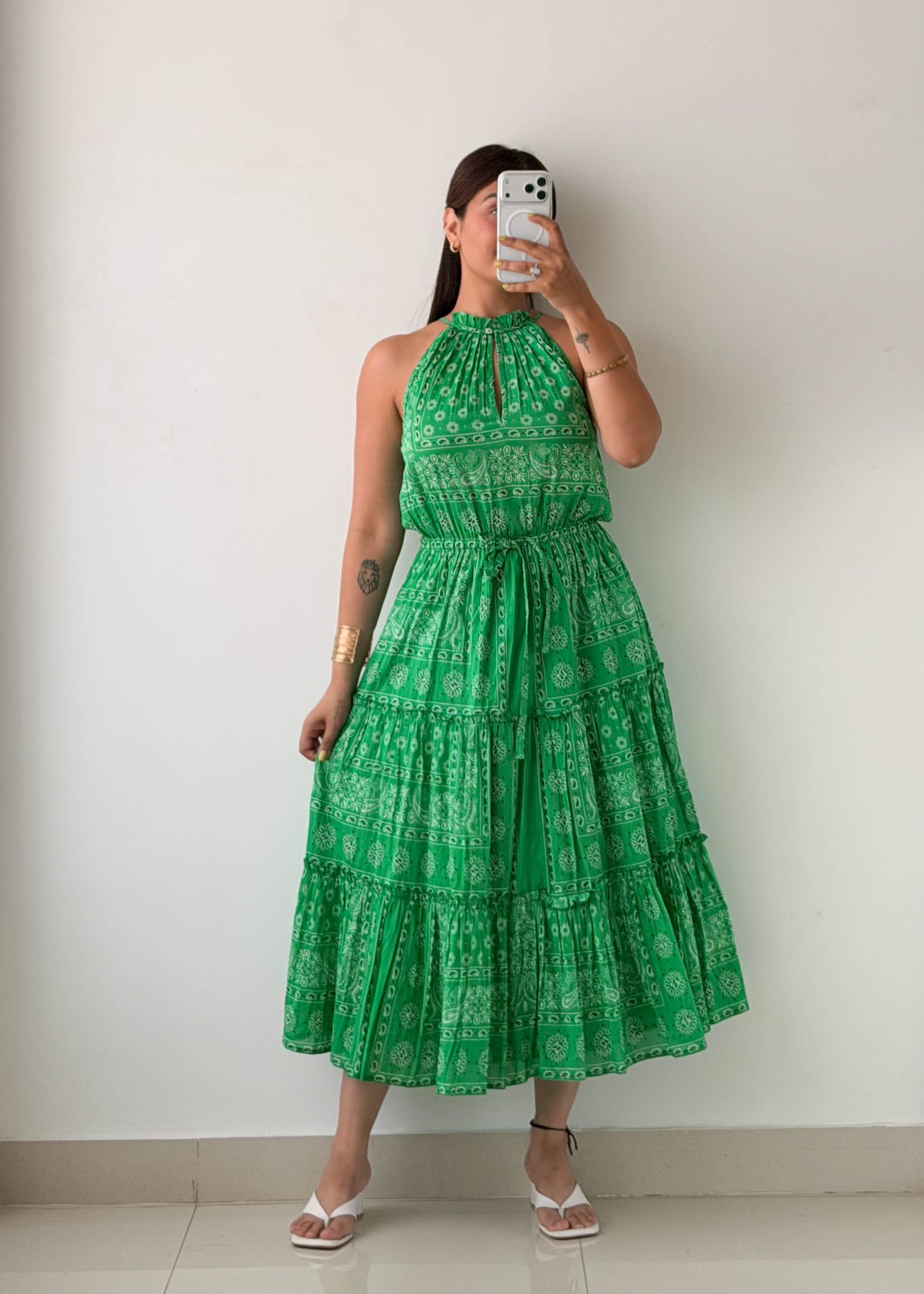 Size S-M Green Printed Tiered Maxi Dress