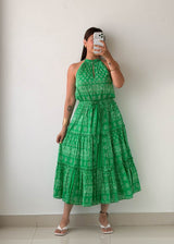 Size S-M Green Printed Tiered Maxi Dress