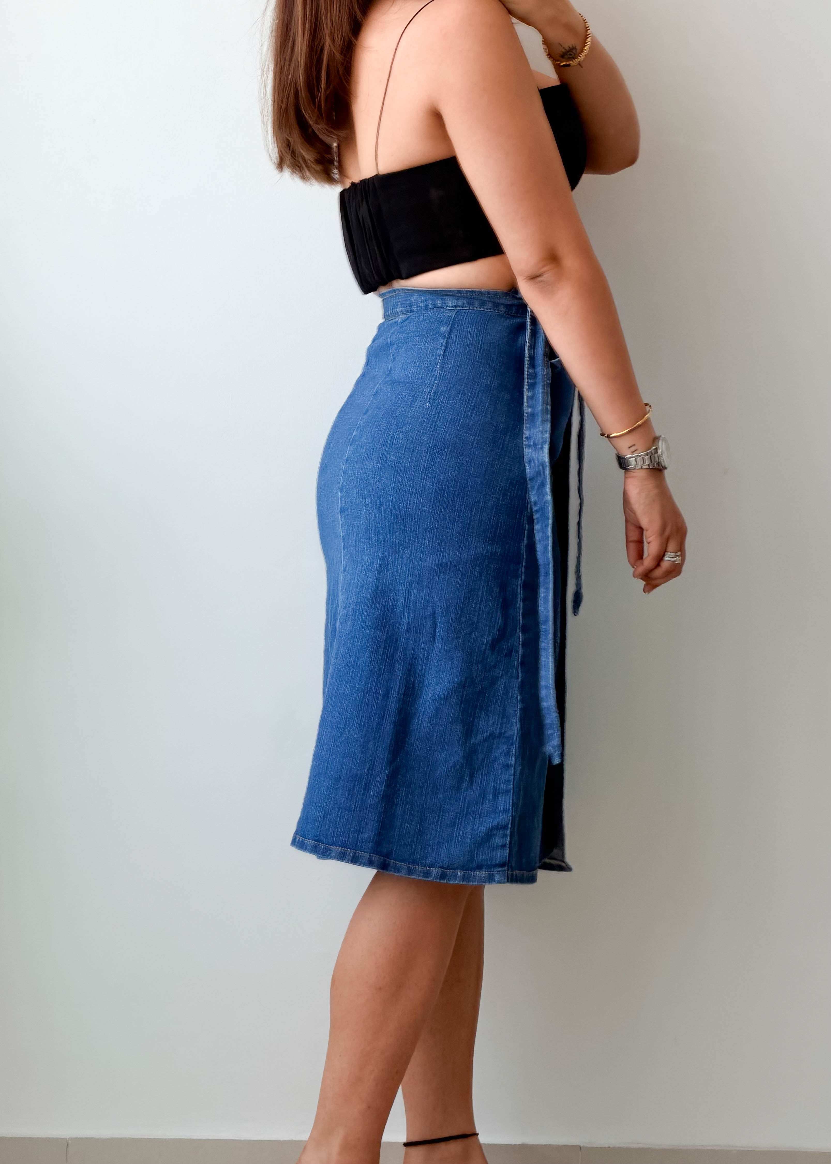 Waist 27-28 Blue Denim Wrap Midi Skirt