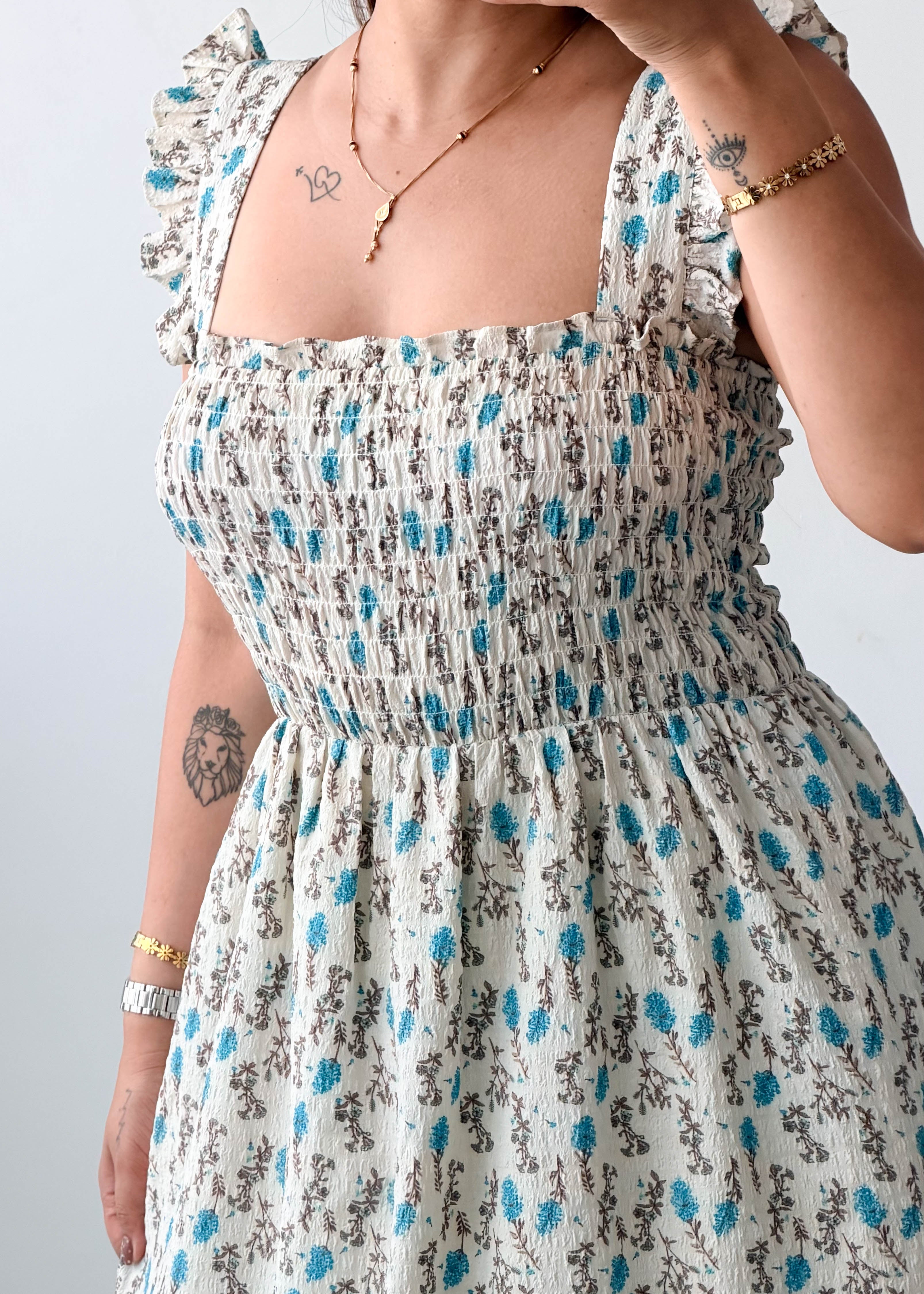 Size S-M White & Blue Floral Smocked Midi Dress