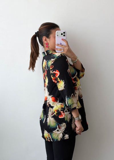 M-L Black Tropical Print Satin Shirt