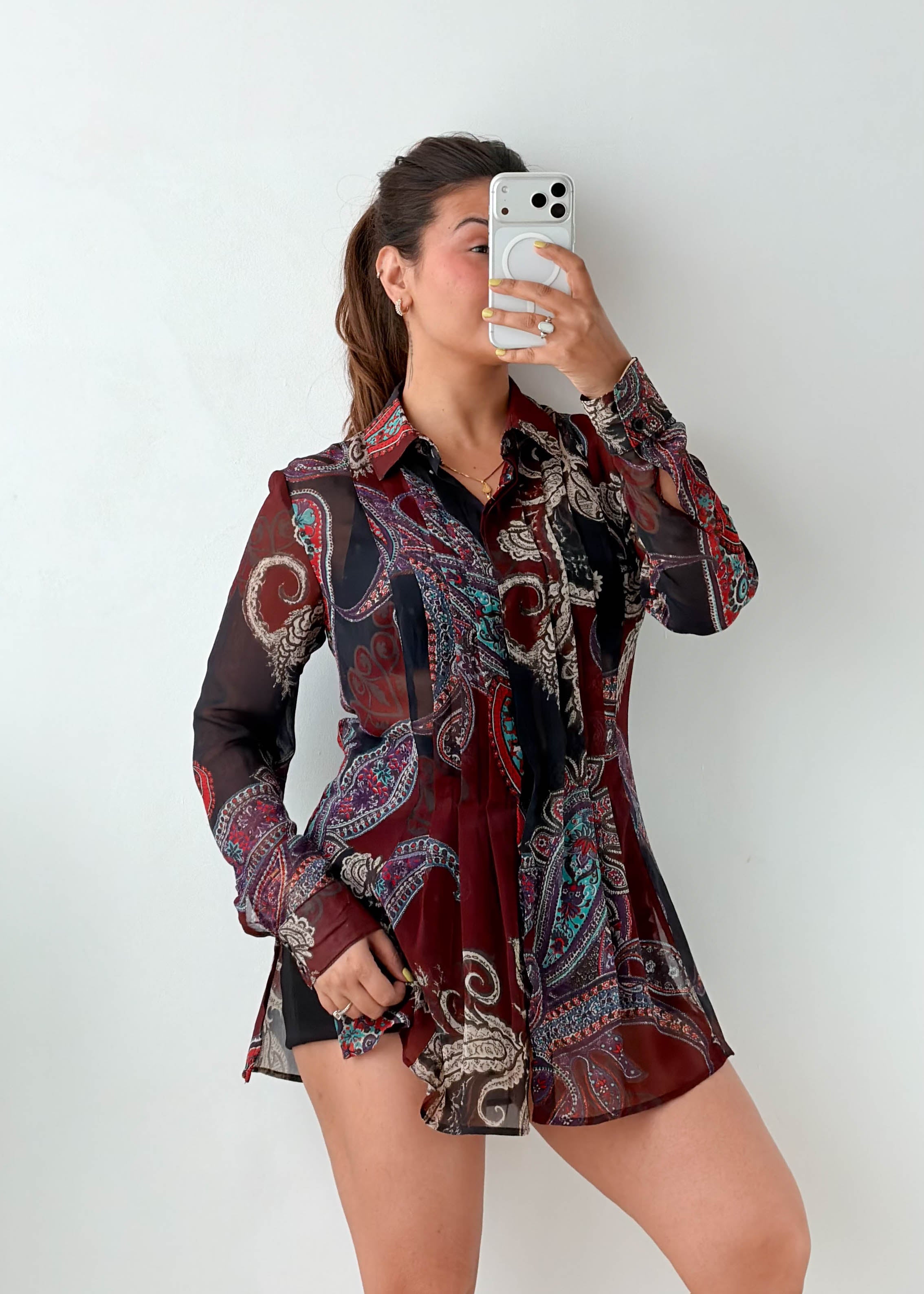 Size M-L Burgundy Paisley Sheer Shirt