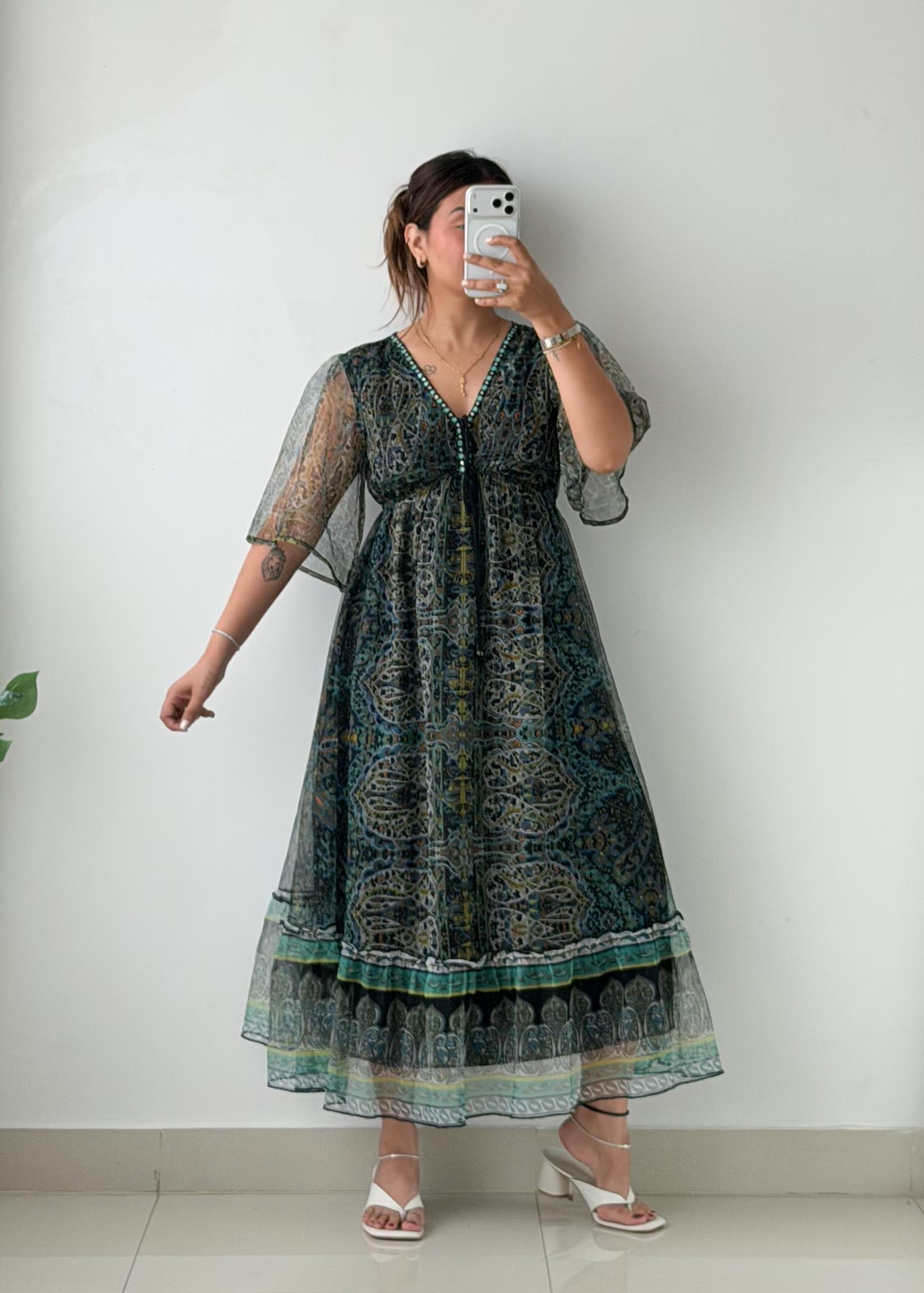 Size S-M Green Printed Mesh Maxi Dress