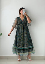 Size S-M Green Printed Mesh Maxi Dress