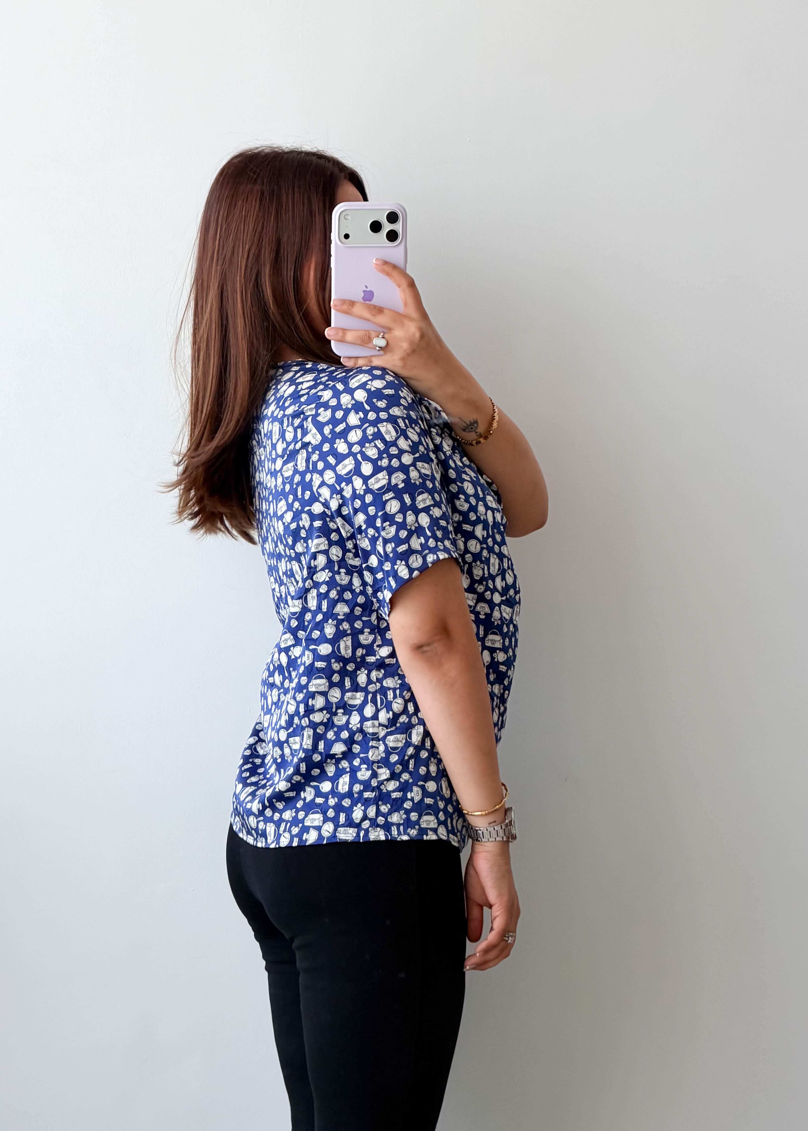 Size M Blue Printed Drape Neck Top