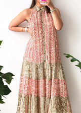 Size XS-M, Multicolor Tiered Halter Midi Dress