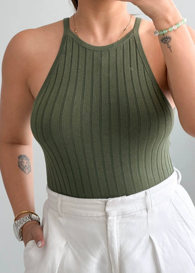 Size S-M Olive Ribbed Halter Neck Top - Closet by Payal