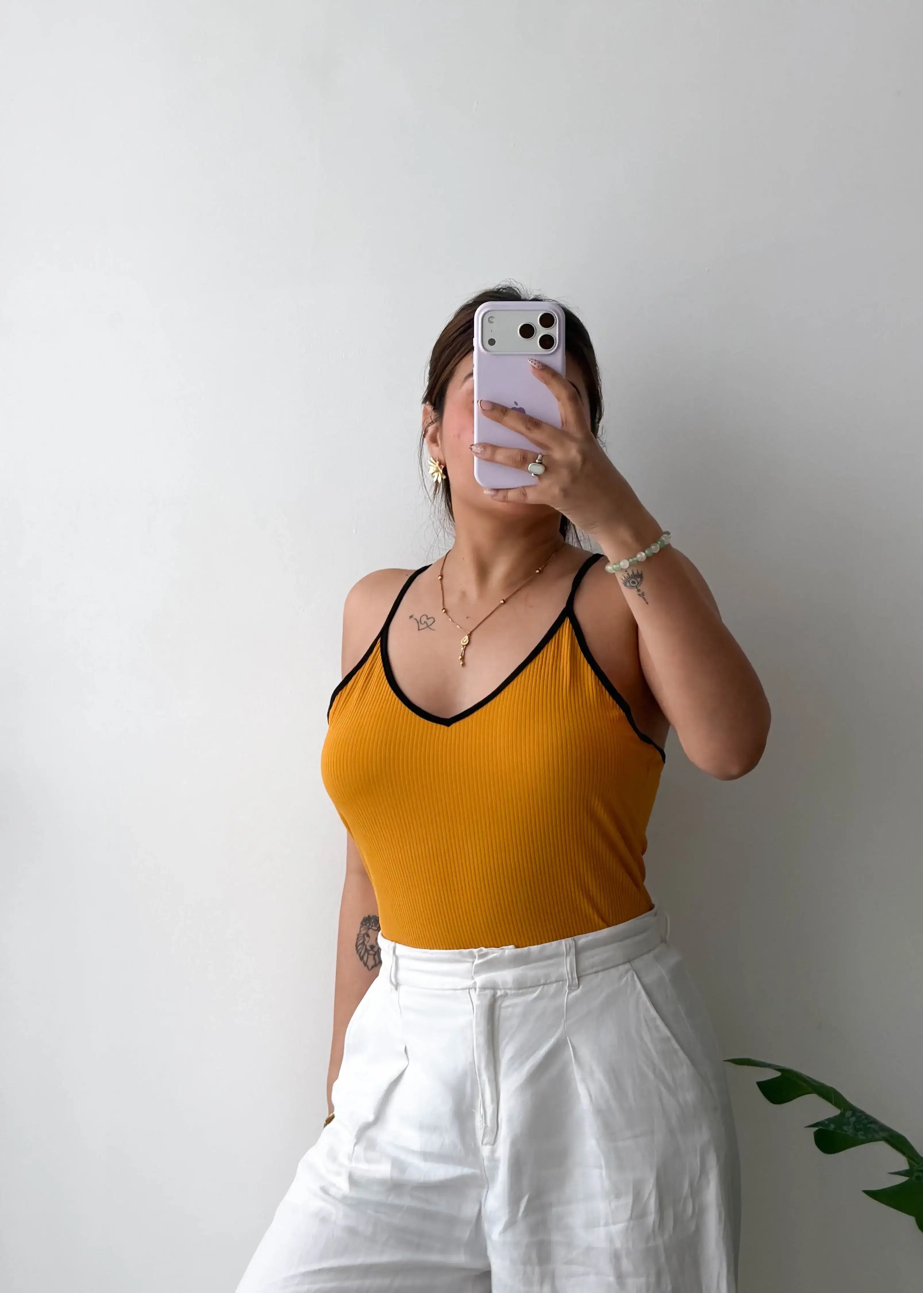 Size L-XL, Mustard Contrast Strap Camisole Bodysuit
