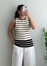 Size M-L, Black & White Striped Sleeveless Top - Closet by Payal