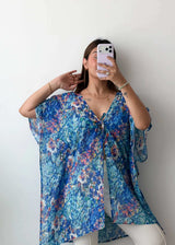 Free Size Blue Printed Cover-Up Top
