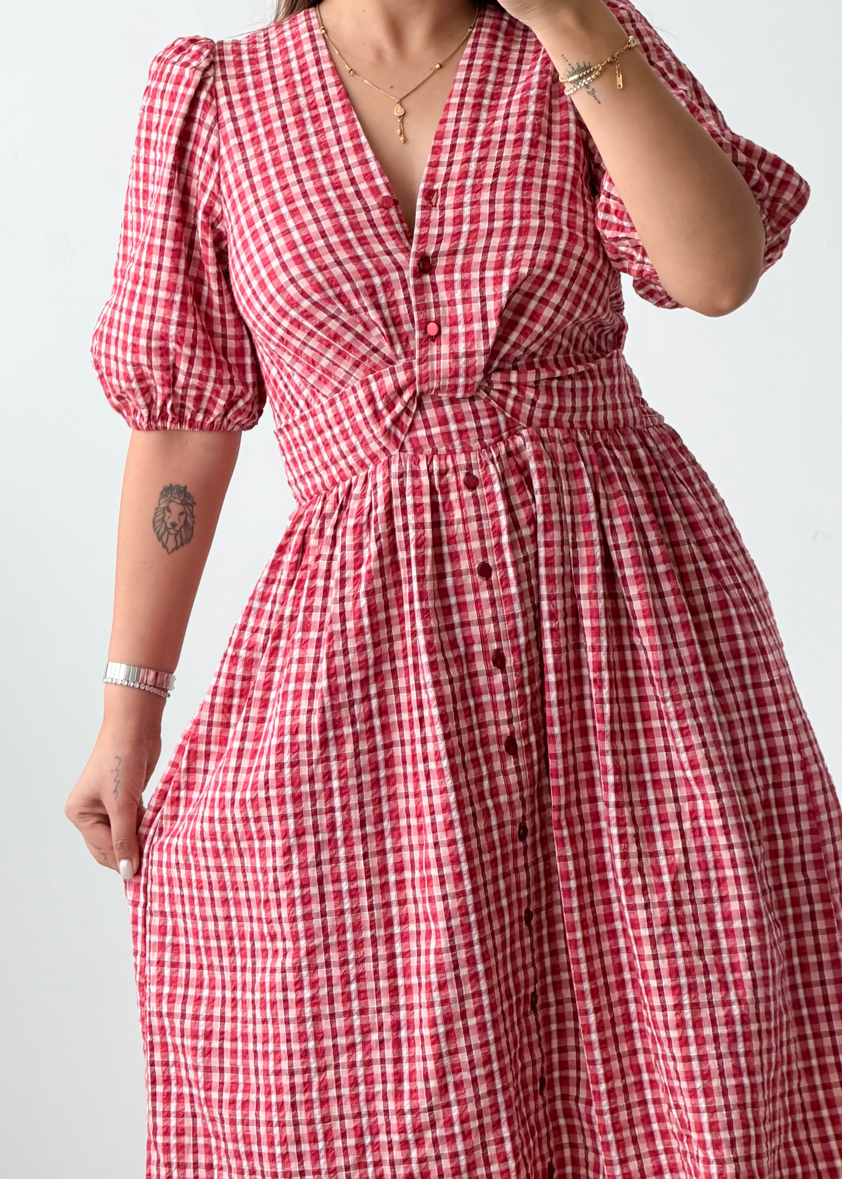 Size S-M Red Gingham Check Midi Dress