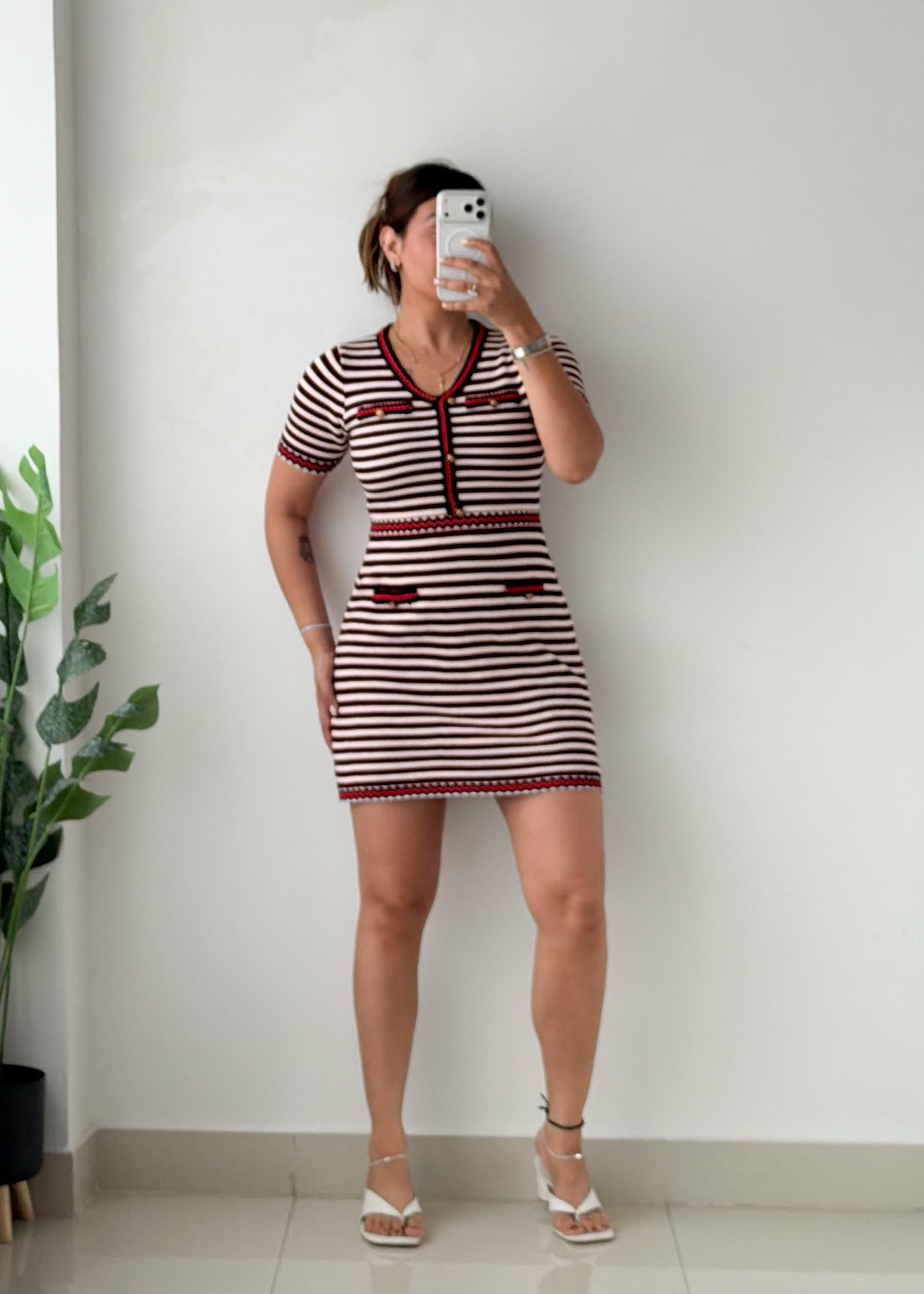 Size M-L Black & White Striped Knit Mini Dress