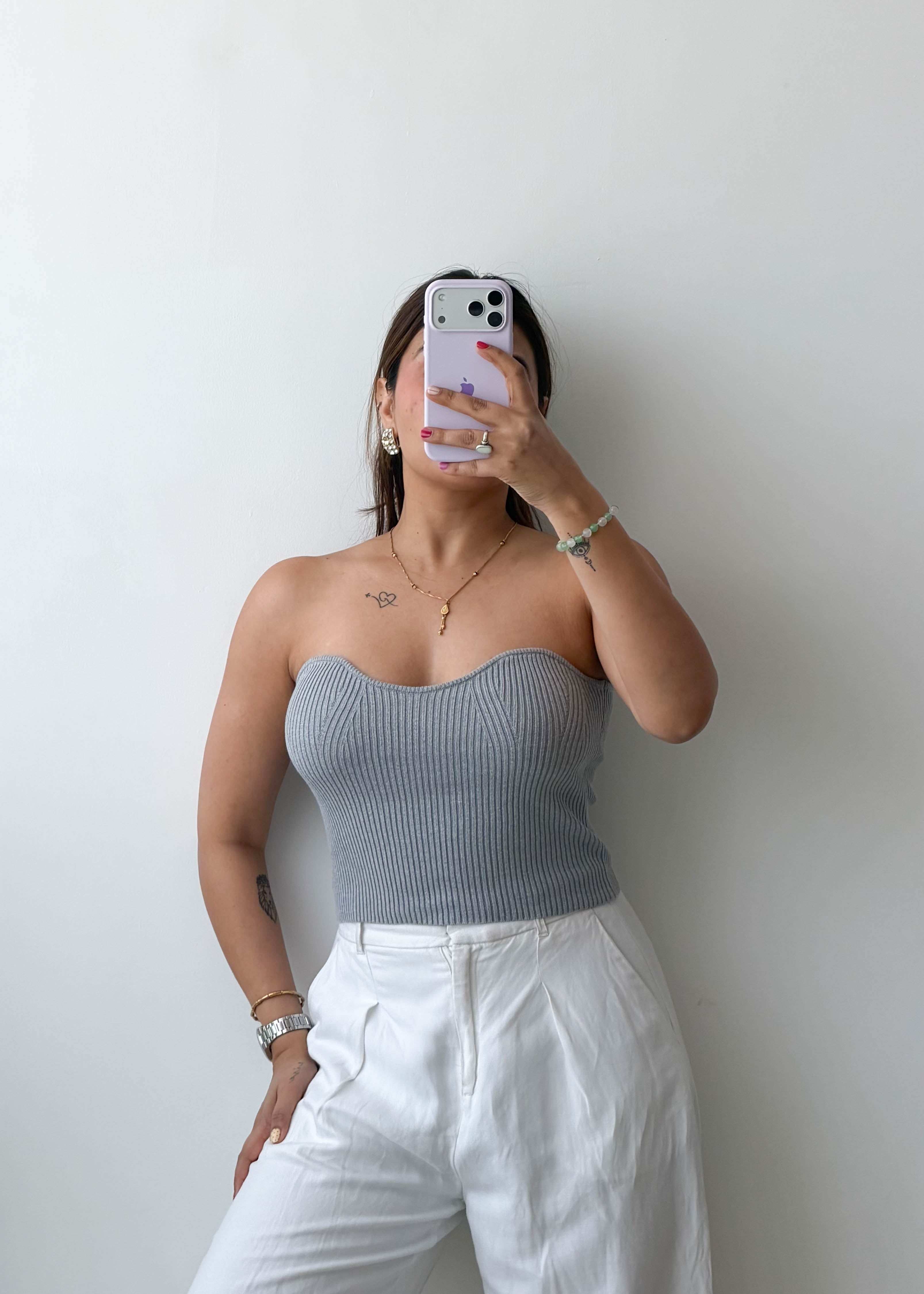 Size S-M Grey Strapless Ribbed Top
